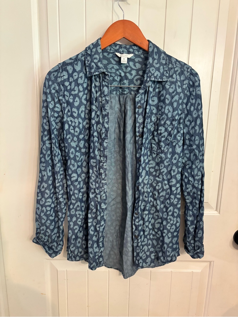 LC Lauren Conrad Blue Leopard-Print Button Down Shirt